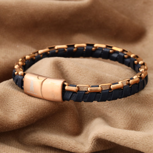 Blue Half Cuban Chain Genuine Leather Rose Gold Stainless Steel Bracelet L1214