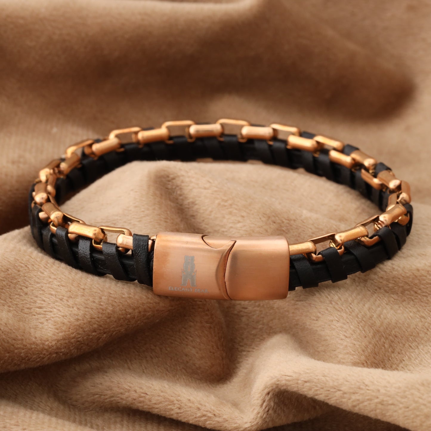 Black Half Cuban Chain Genuine Leather Rose Gold Stainless Steel Bracelet L1213