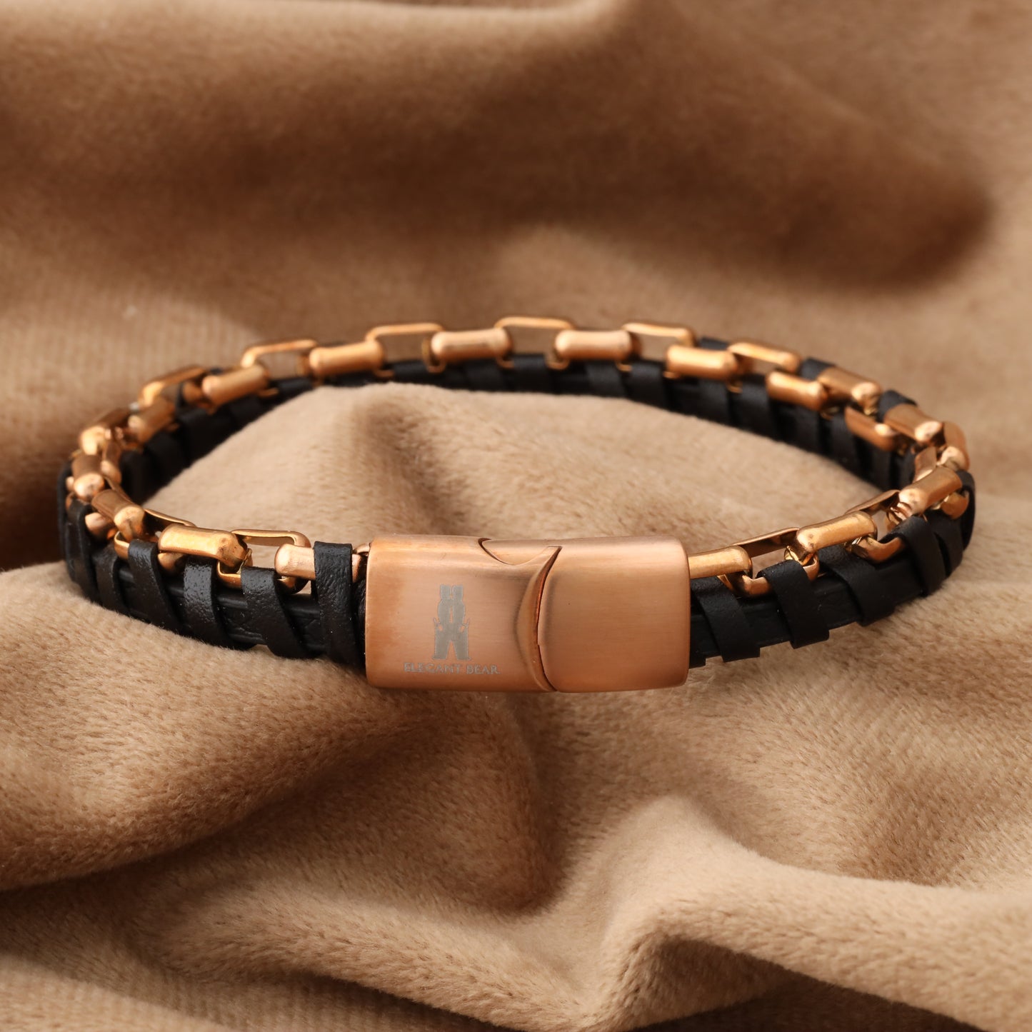 Black Half Cuban Chain Genuine Leather Rose Gold Stainless Steel Bracelet L1213