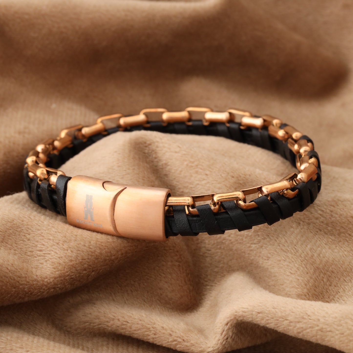 Black Half Cuban Chain Genuine Leather Rose Gold Stainless Steel Bracelet L1213