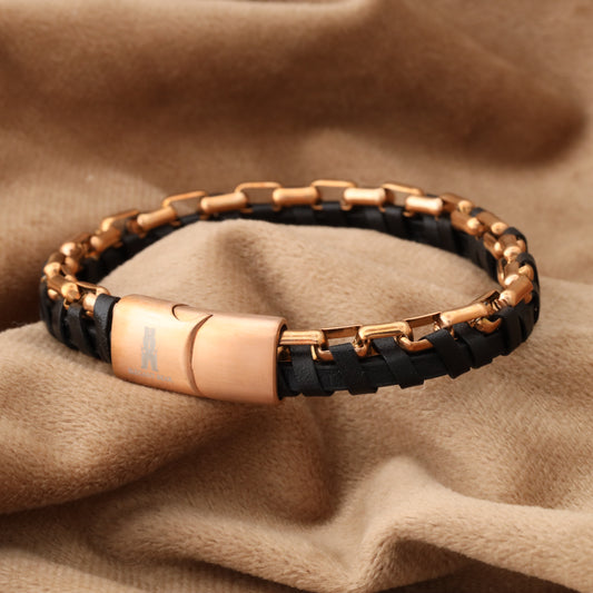 Black Half Cuban Chain Genuine Leather Rose Gold Stainless Steel Bracelet L1213