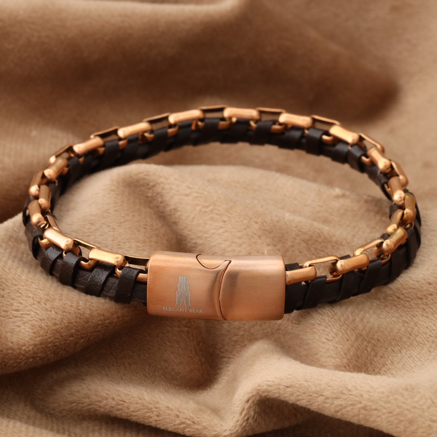 Brown Half Cuban Chain Genuine Leather Rose Gold Stainless Steel Bracelet L1212