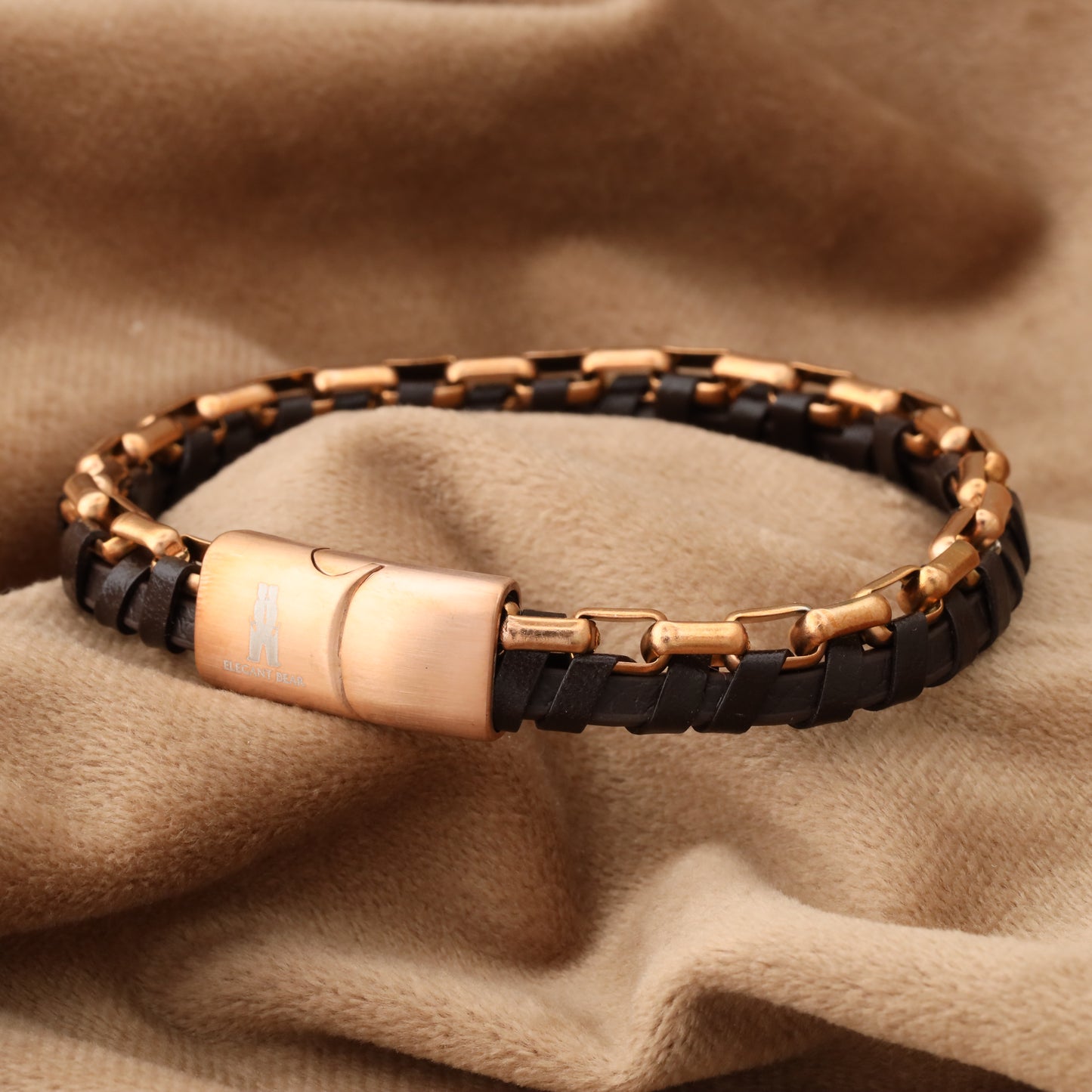 Brown Half Cuban Chain Genuine Leather Rose Gold Stainless Steel Bracelet L1212