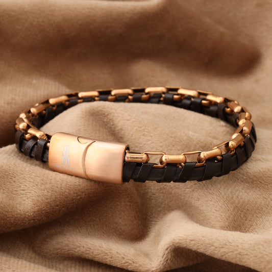 Brown Half Cuban Chain Genuine Leather Rose Gold Stainless Steel Bracelet L1212