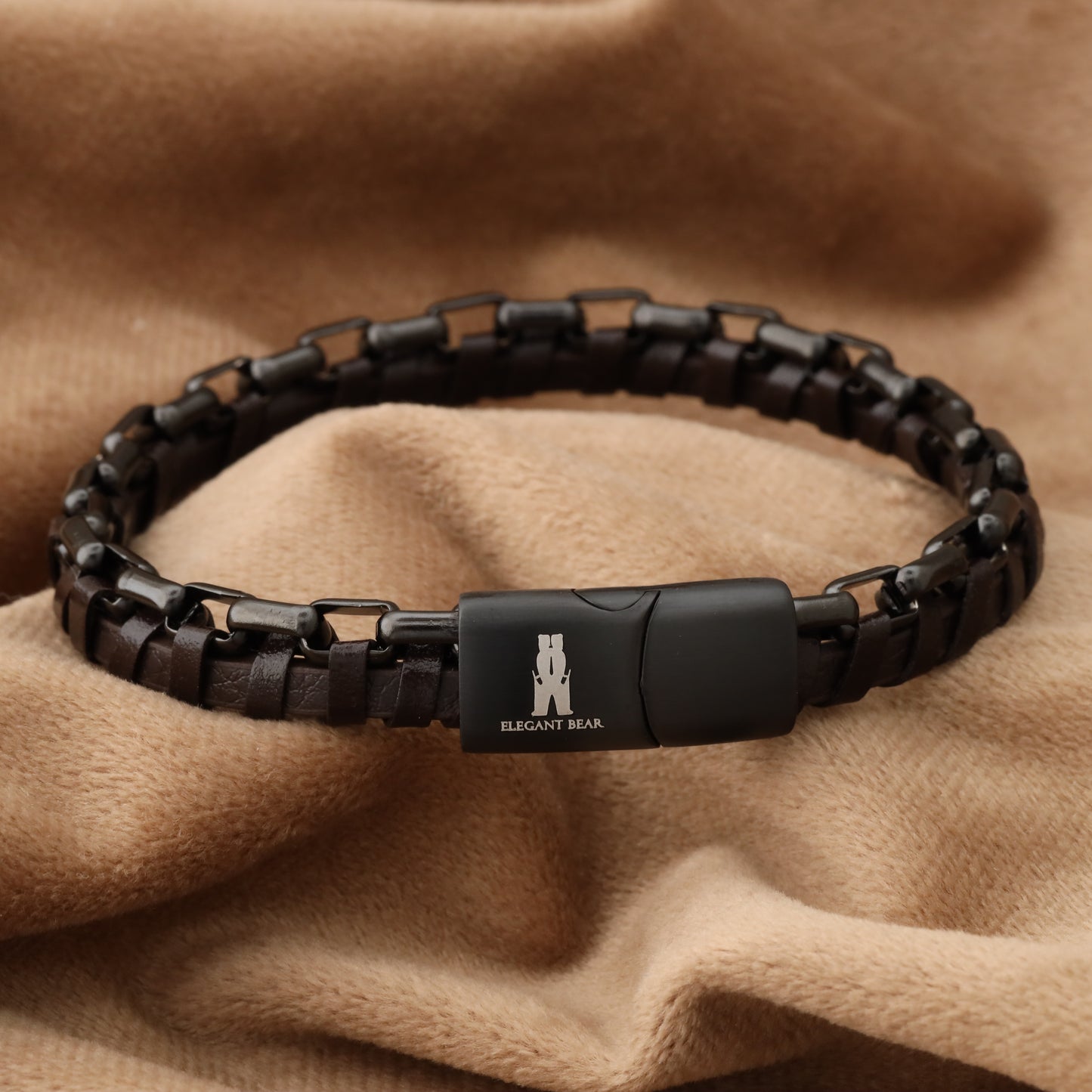 Half Cuban Chain Brown Genuine Leather Black Stainless Steel Bracelet L1208