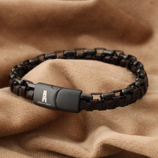 Half Cuban Chain Brown Genuine Leather Black Stainless Steel Bracelet L1208