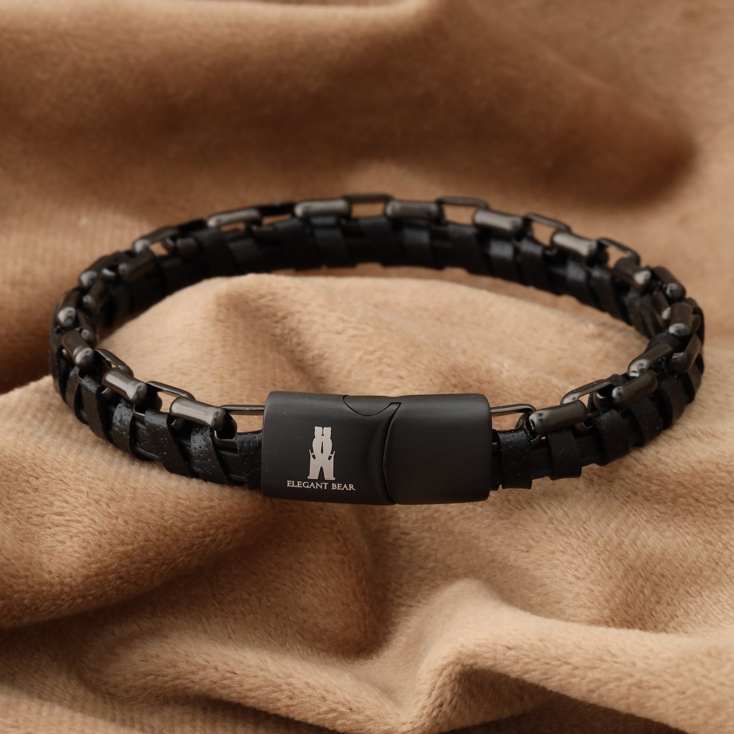 Half Cuban Chain Black Genuine Leather Black Stainless Steel Bracelet L1207
