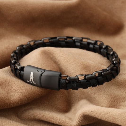 Half Cuban Chain Black Genuine Leather Black Stainless Steel Bracelet L1207