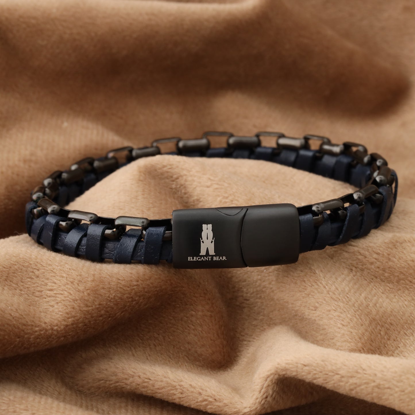 Blue Half Cuban Chain Genuine Leather Black Stainless Steel Bracelet L1211