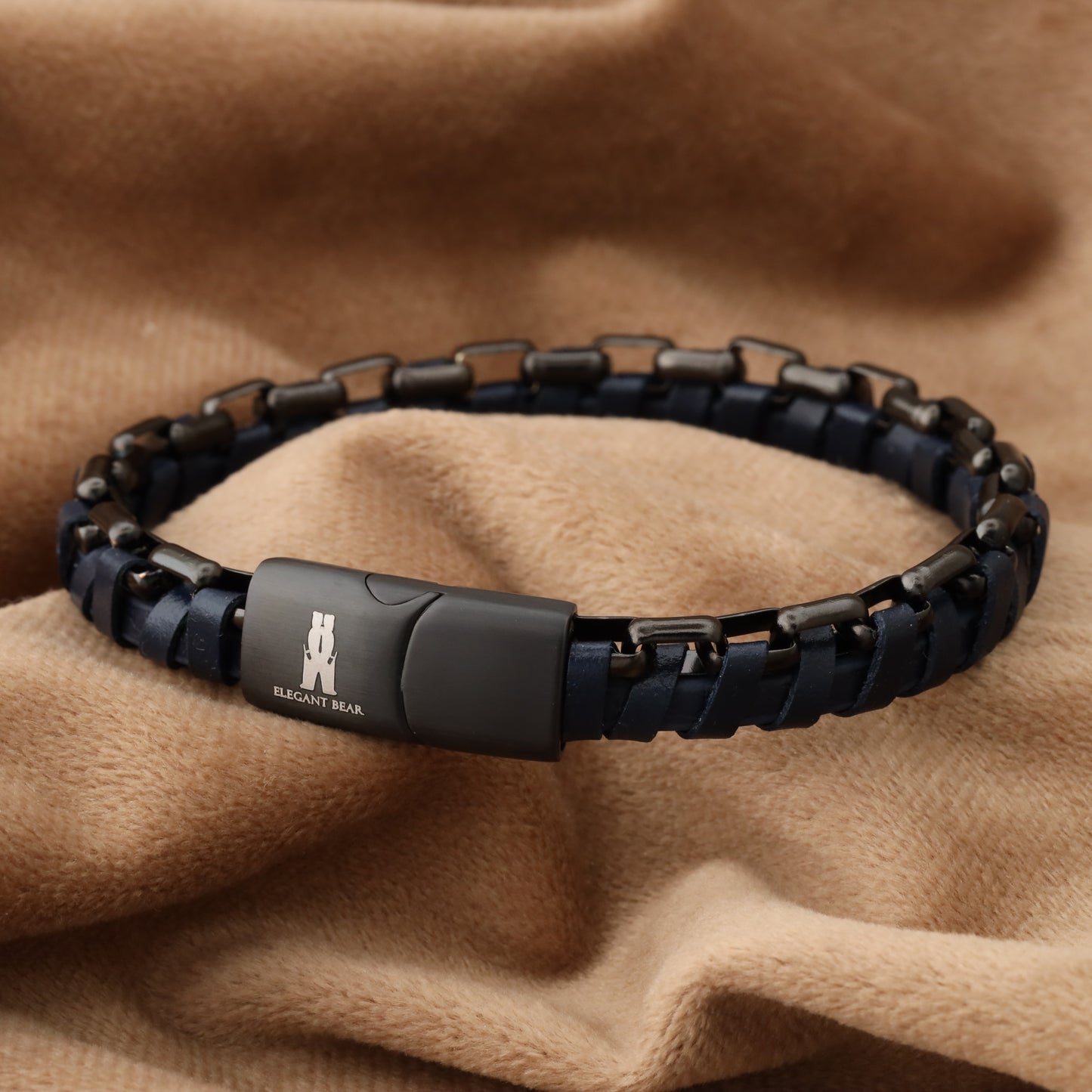 Blue Half Cuban Chain Genuine Leather Black Stainless Steel Bracelet L1211