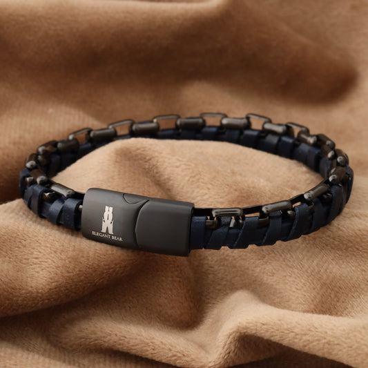 Blue Half Cuban Chain Genuine Leather Black Stainless Steel Bracelet L1211