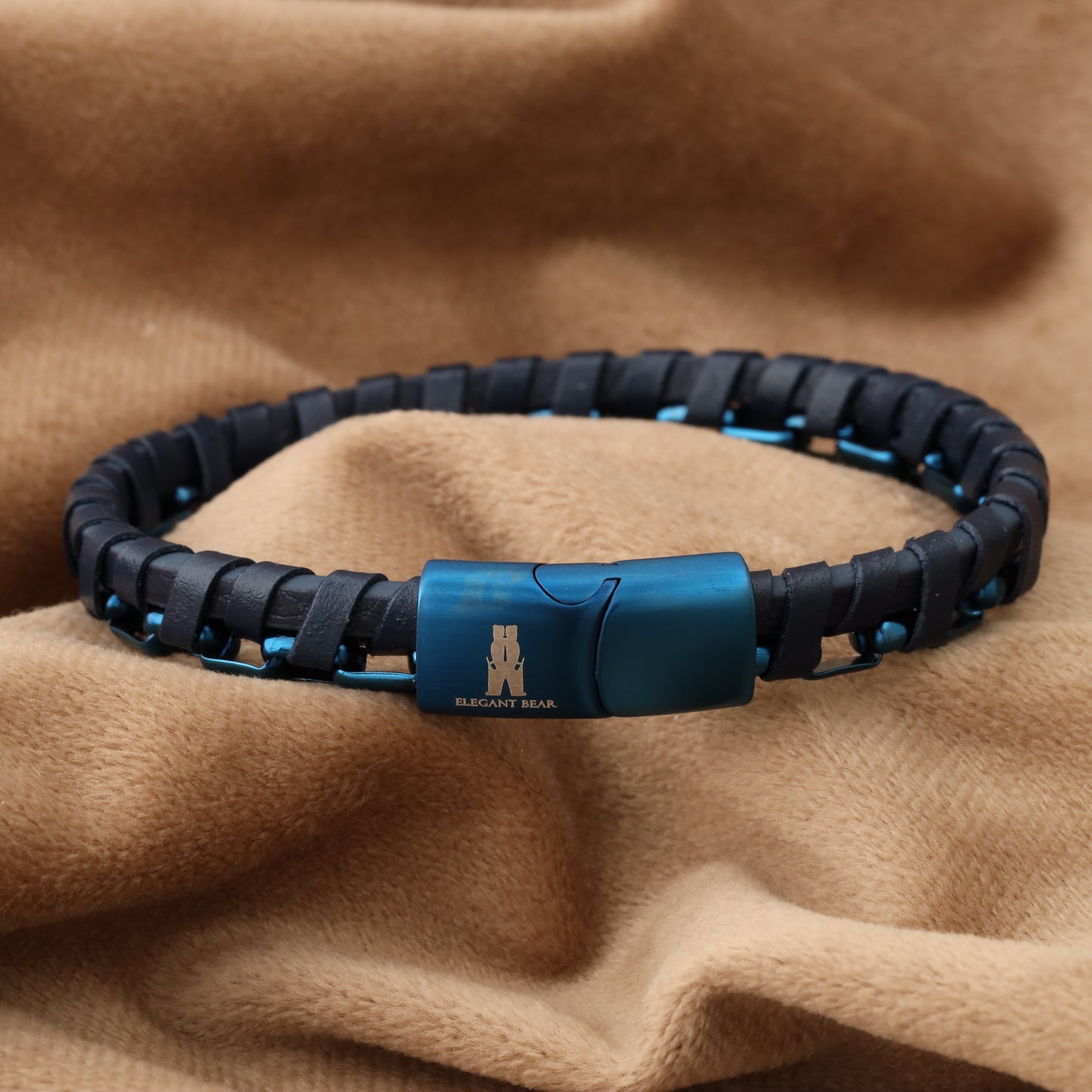 Half Cuban Chain Blue Genuine Leather Blue Stainless Steel Bracelet L1233