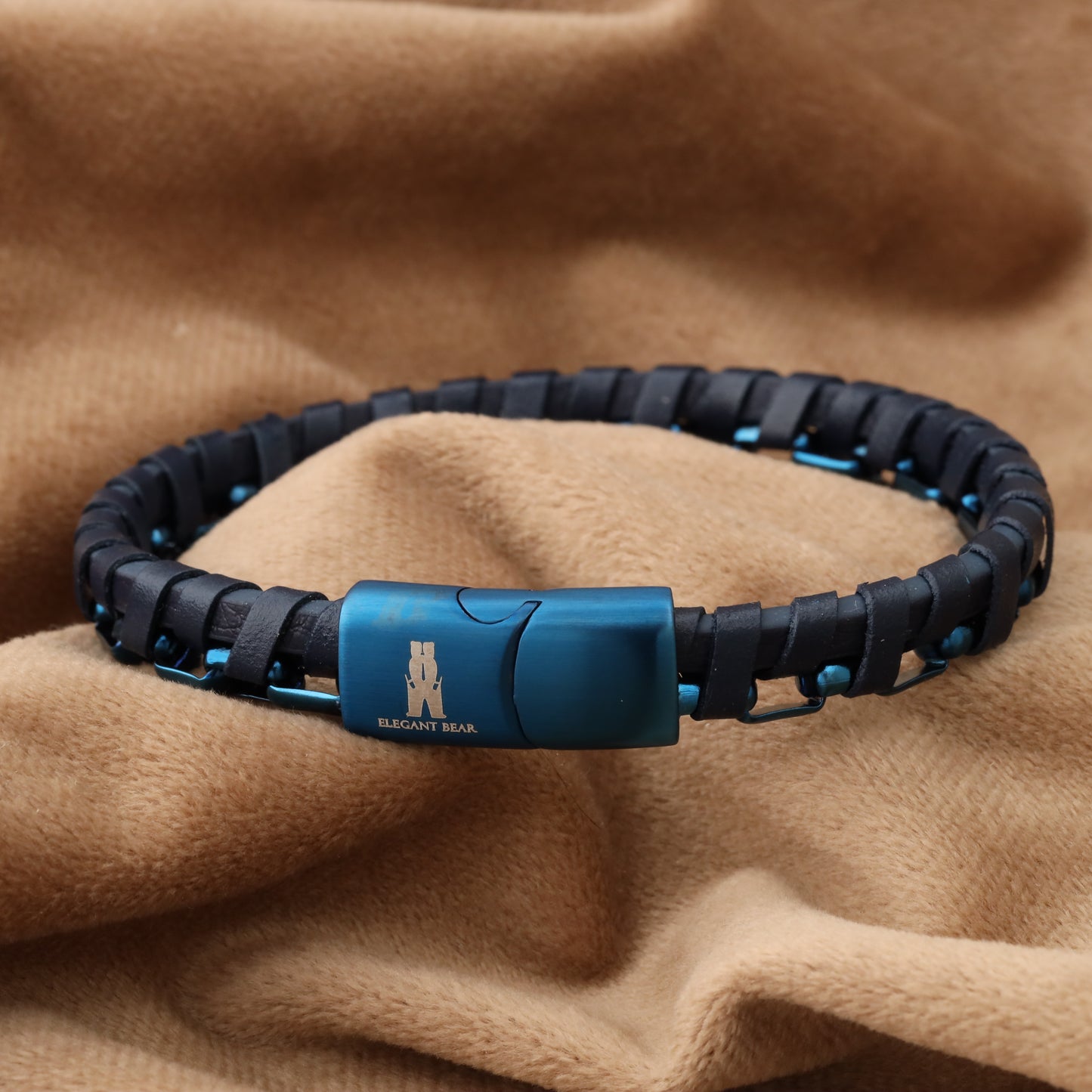 Half Cuban Chain Blue Genuine Leather Blue Stainless Steel Bracelet L1233