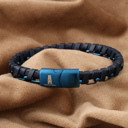 Half Cuban Chain Blue Genuine Leather Blue Stainless Steel Bracelet L1233