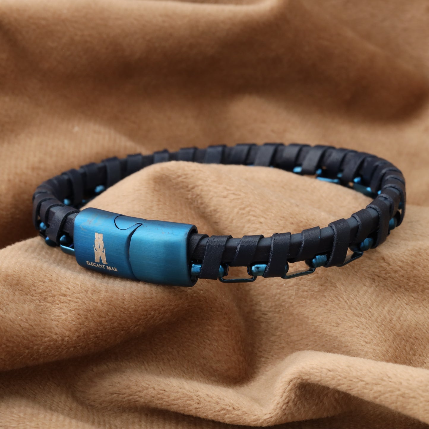 Half Cuban Chain Blue Genuine Leather Blue Stainless Steel Bracelet L1233