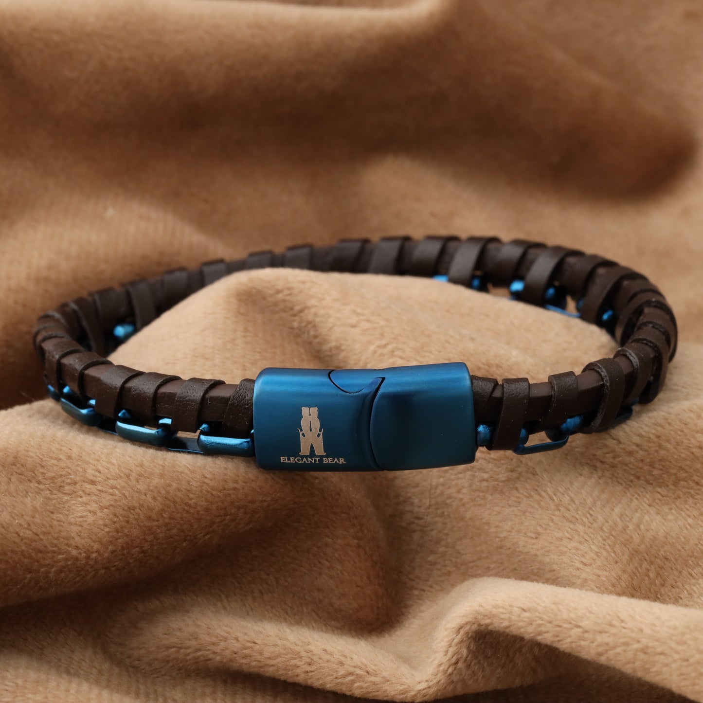 Half Cuban Chain Brown Genuine Leather Blue Stainless Steel Bracelet L1234