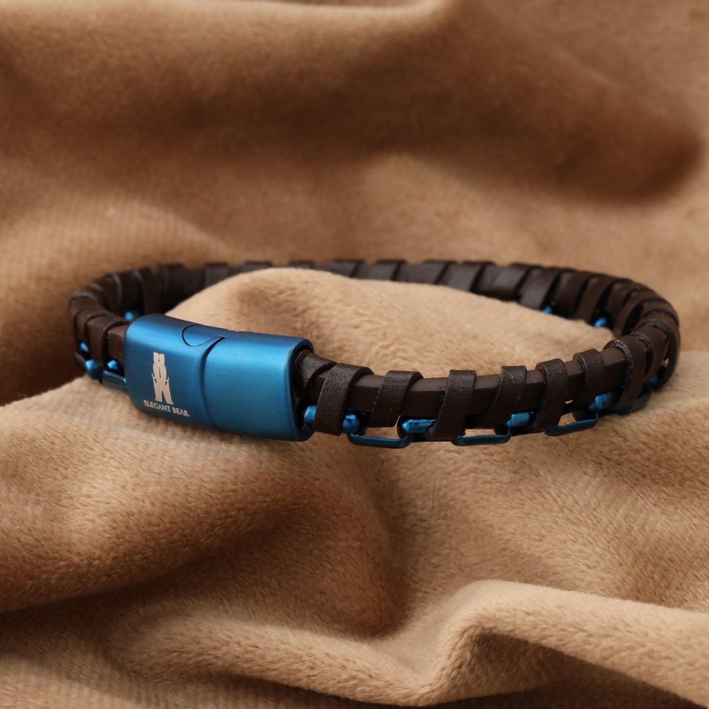 Half Cuban Chain Brown Genuine Leather Blue Stainless Steel Bracelet L1234