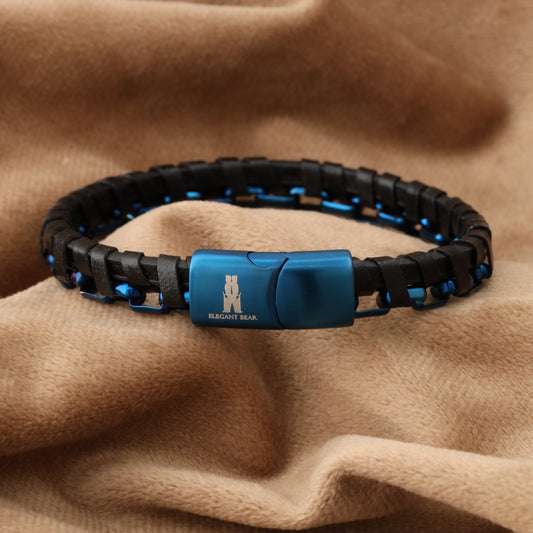 Half Cuban Chain Black Genuine Leather Blue Stainless Steel With Blue Lock Bracelet L1272