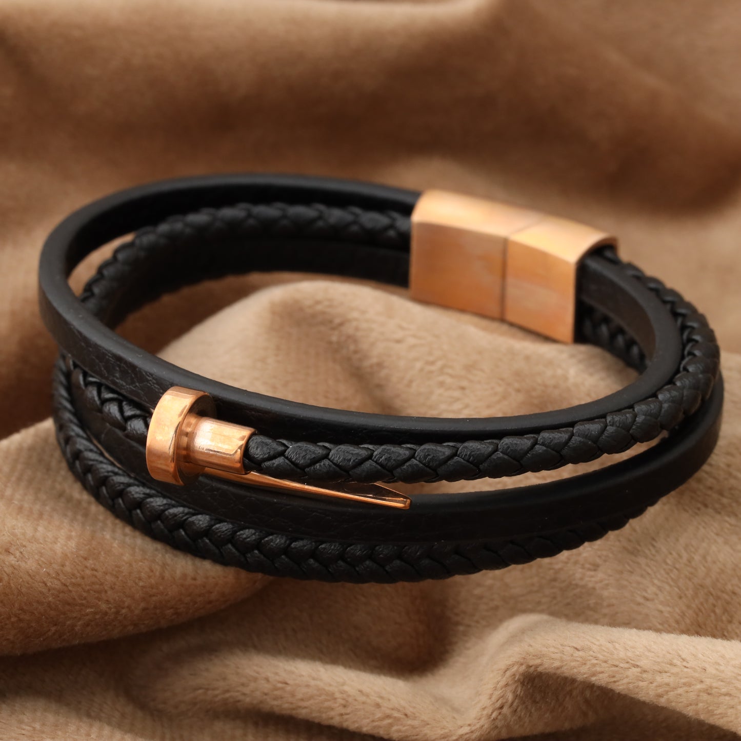 Nail Black Genuine Leather Rose Gold Stainless Steel Bracelet L1120