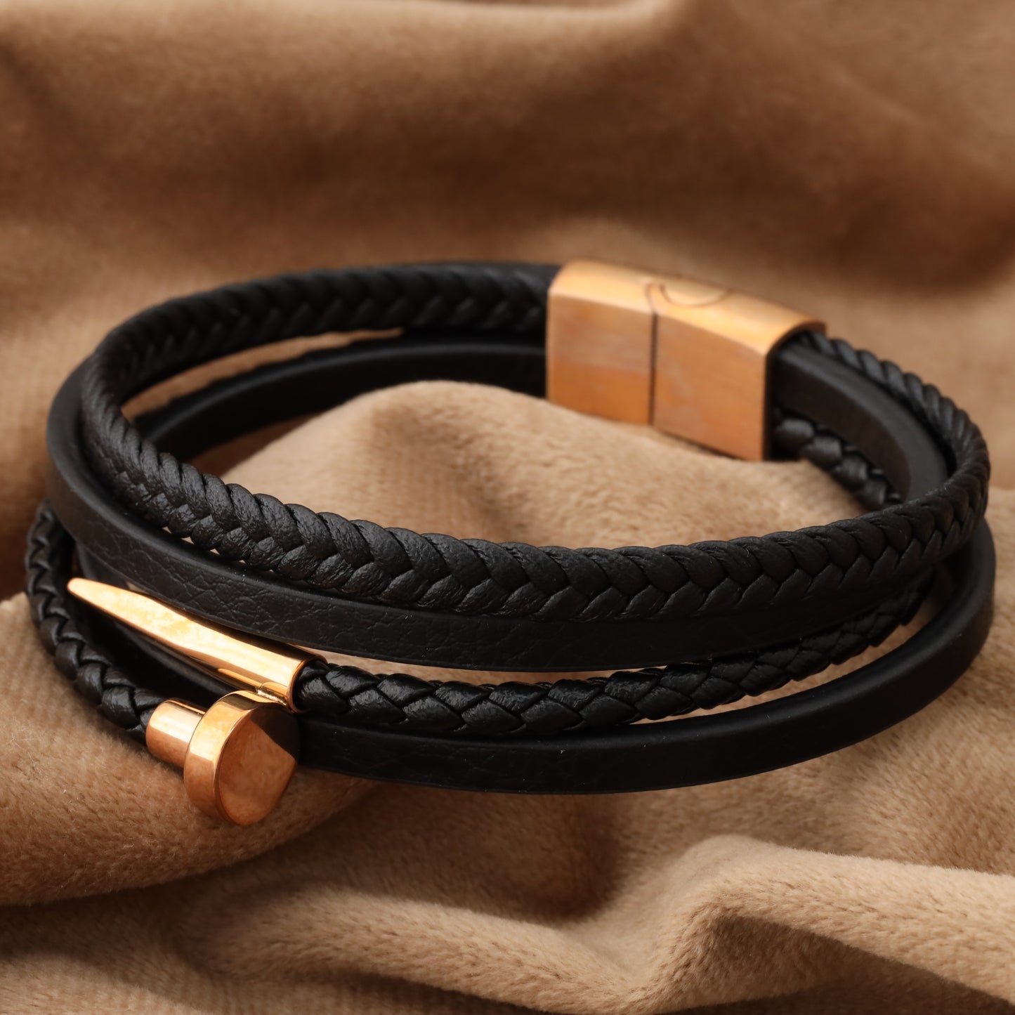 Nail Black Genuine Leather Rose Gold Stainless Steel Bracelet L1120