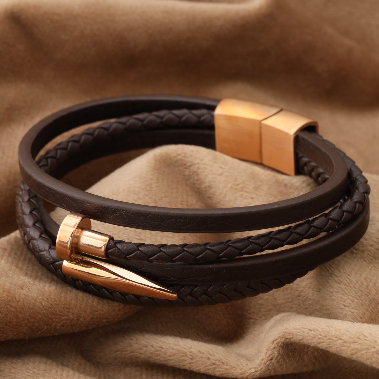 Nail Brown Genuine Leather Rose Gold Stainless Steel Bracelet L1115