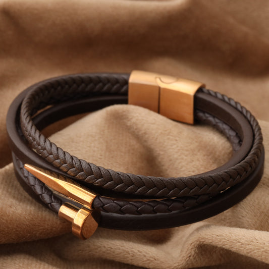Nail Brown Genuine Leather Rose Gold Stainless Steel Bracelet L1115