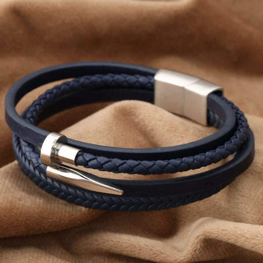 Nail Blue Genuine Leather Silver Stainless Steel Bracelet L1134