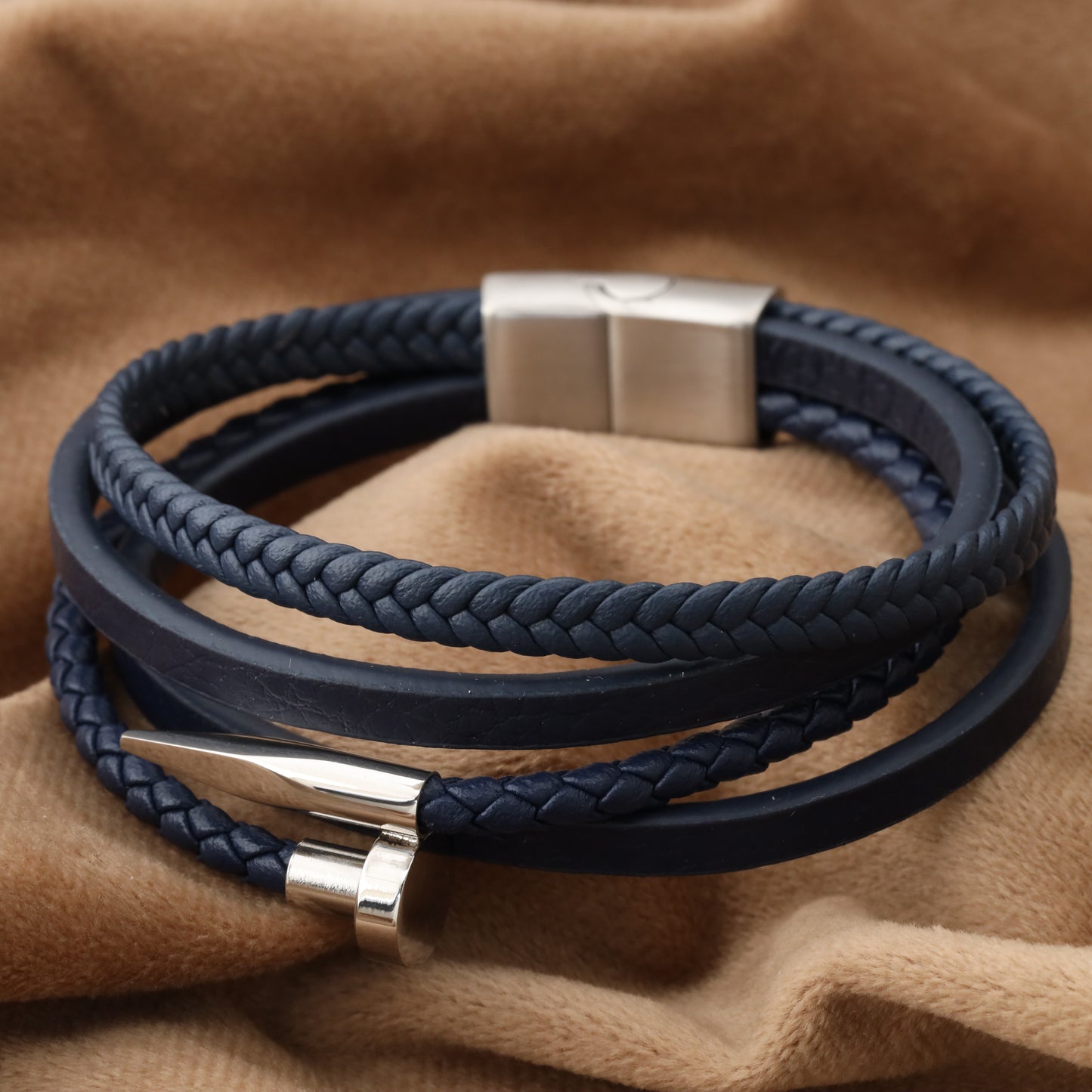 Nail Blue Genuine Leather Silver Stainless Steel Bracelet L1134