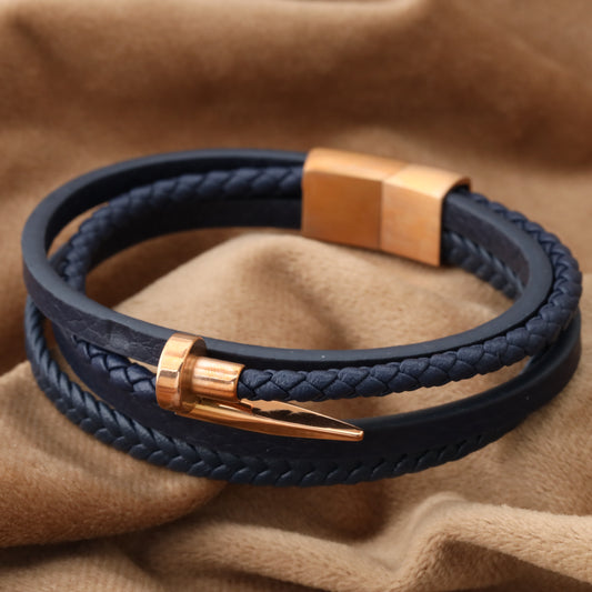 Nail Blue Genuine Leather Rose Gold Stainless Steel Bracelet L1101