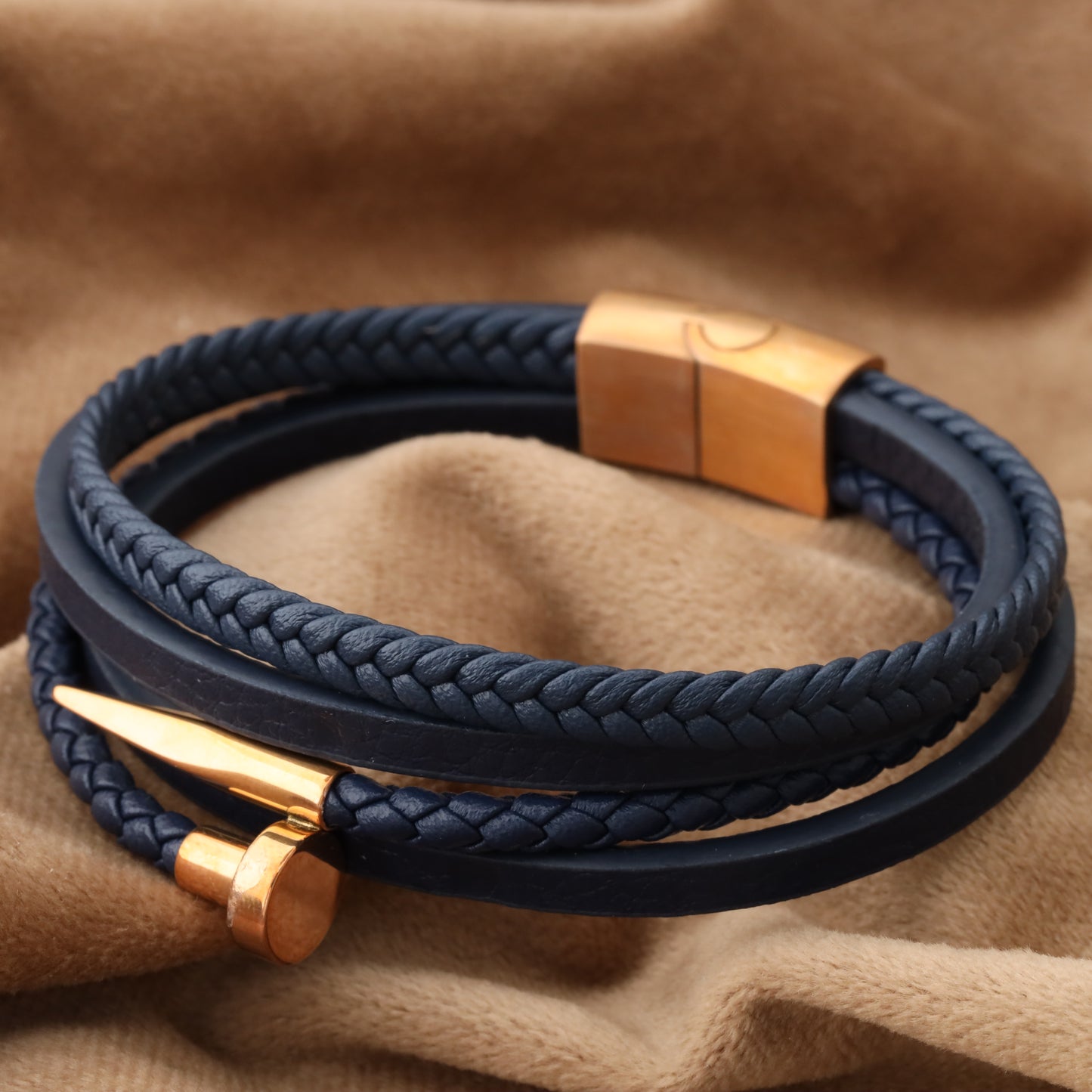 Nail Blue Genuine Leather Rose Gold Stainless Steel Bracelet L1101