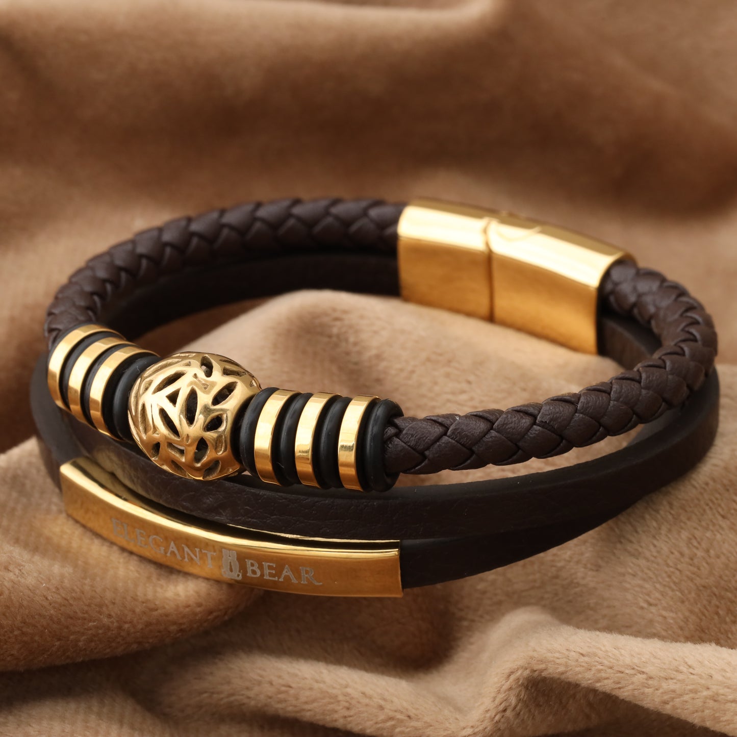 Autumn Ball Brown Genuine Leather Gold Stainless Steel Bracelet L1224