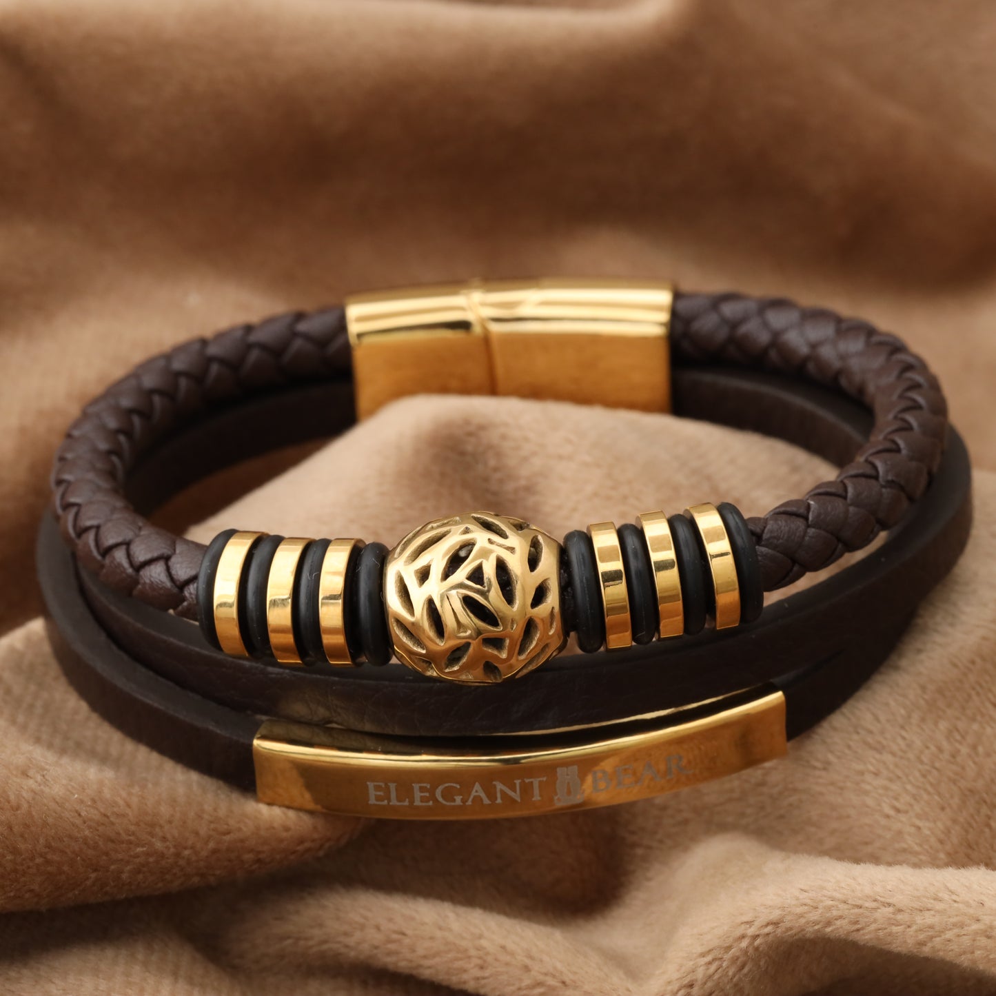 Autumn Ball Brown Genuine Leather Gold Stainless Steel Bracelet L1224