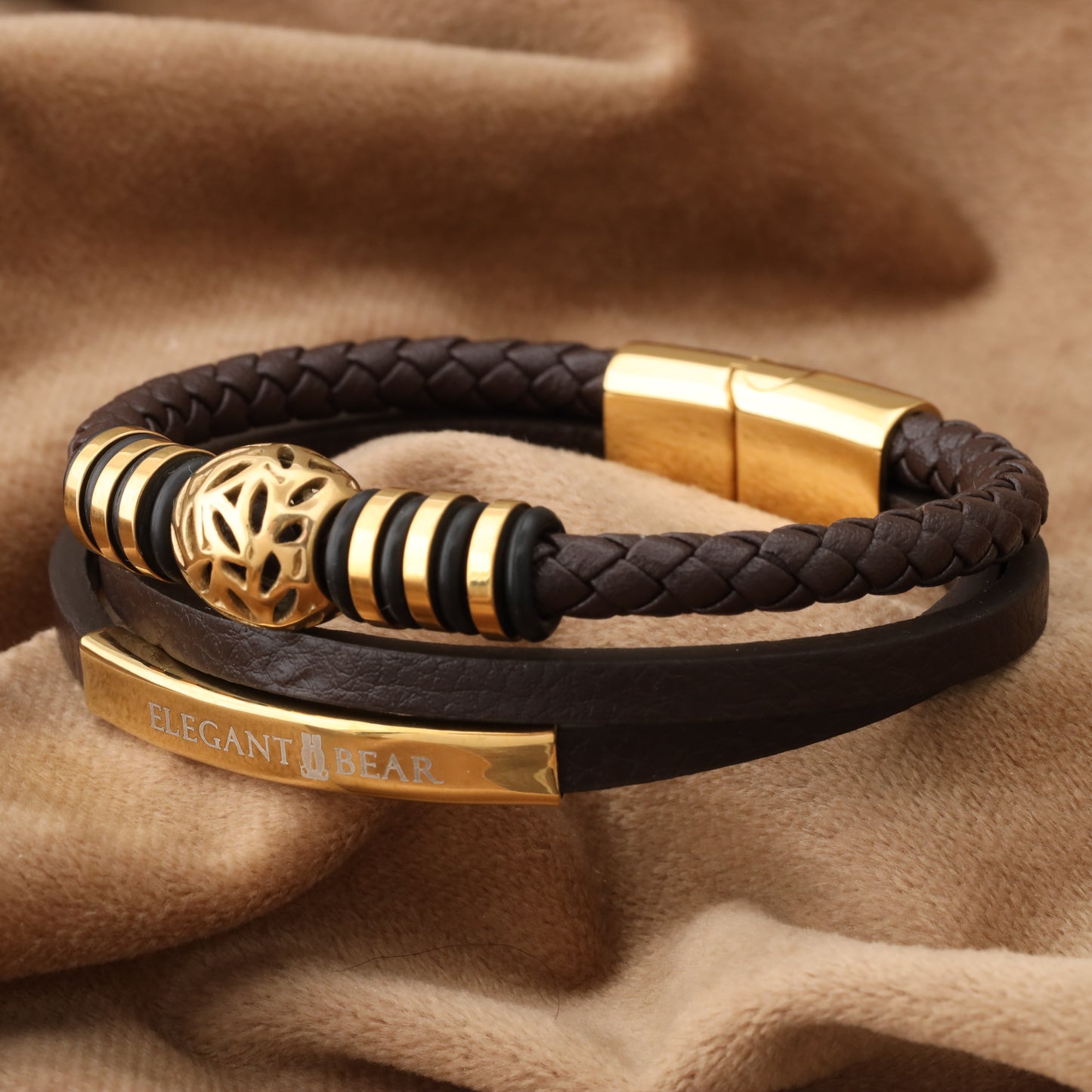 Autumn Ball Brown Genuine Leather Gold Stainless Steel Bracelet L1224