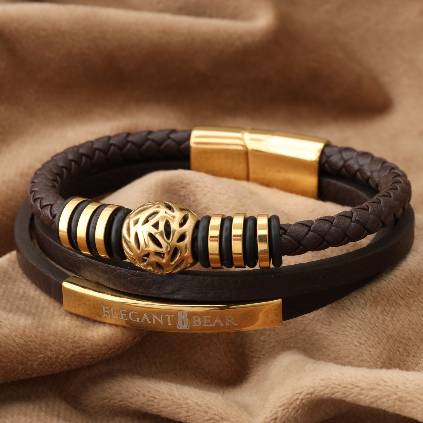 Autumn Ball Brown Genuine Leather Gold Stainless Steel Bracelet L1224