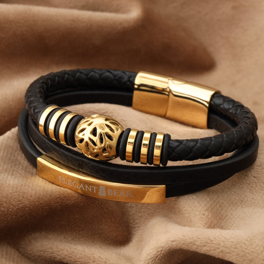 Autumn Ball Black Genuine Leather Gold Stainless Steel Bracelet  L1226