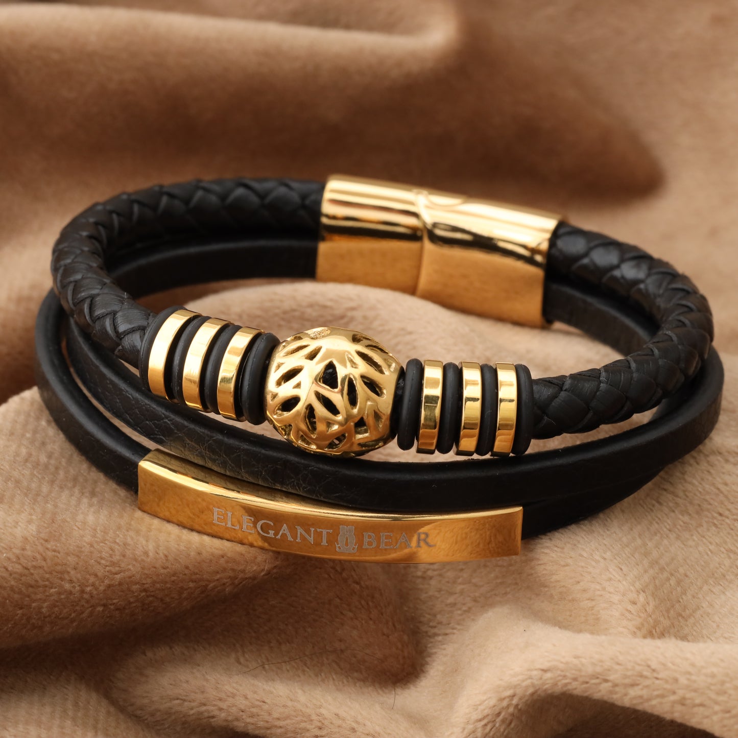 Autumn Ball Black Genuine Leather Gold Stainless Steel Bracelet  L1226