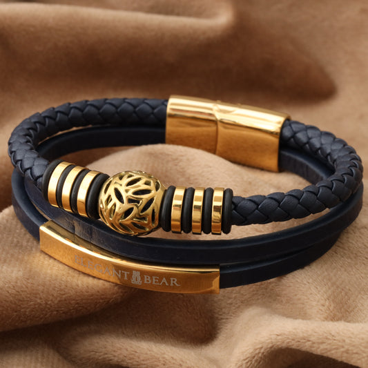 Autumn Ball Blue Genuine Leather Gold Stainless Steel Bracelet  L1225