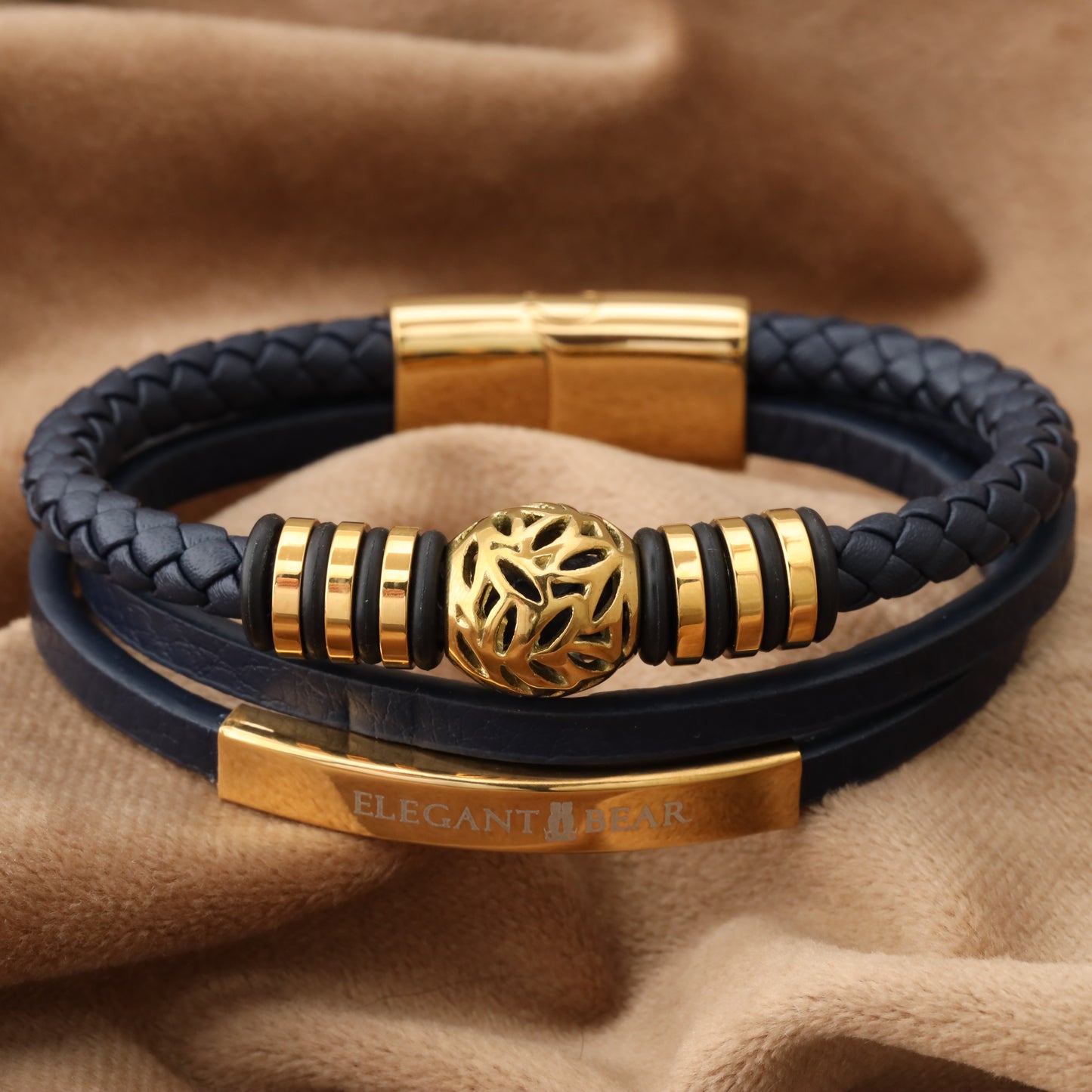 Autumn Ball Blue Genuine Leather Gold Stainless Steel Bracelet  L1225