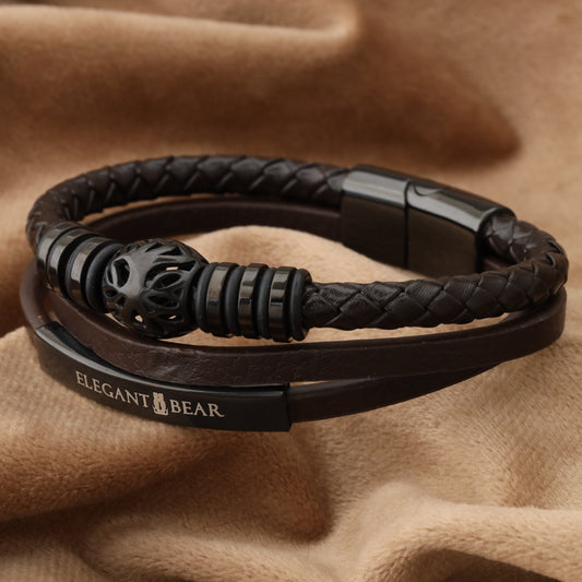 Autumn Ball Brown Genuine Leather Black Stainless Steel Bracelet  L1223