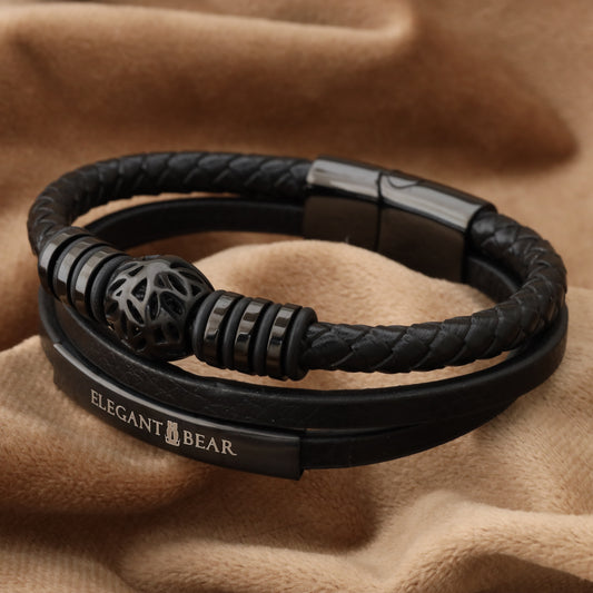 Autumn Ball Black Genuine Leather Black Stainless Steel Bracelet  L1222