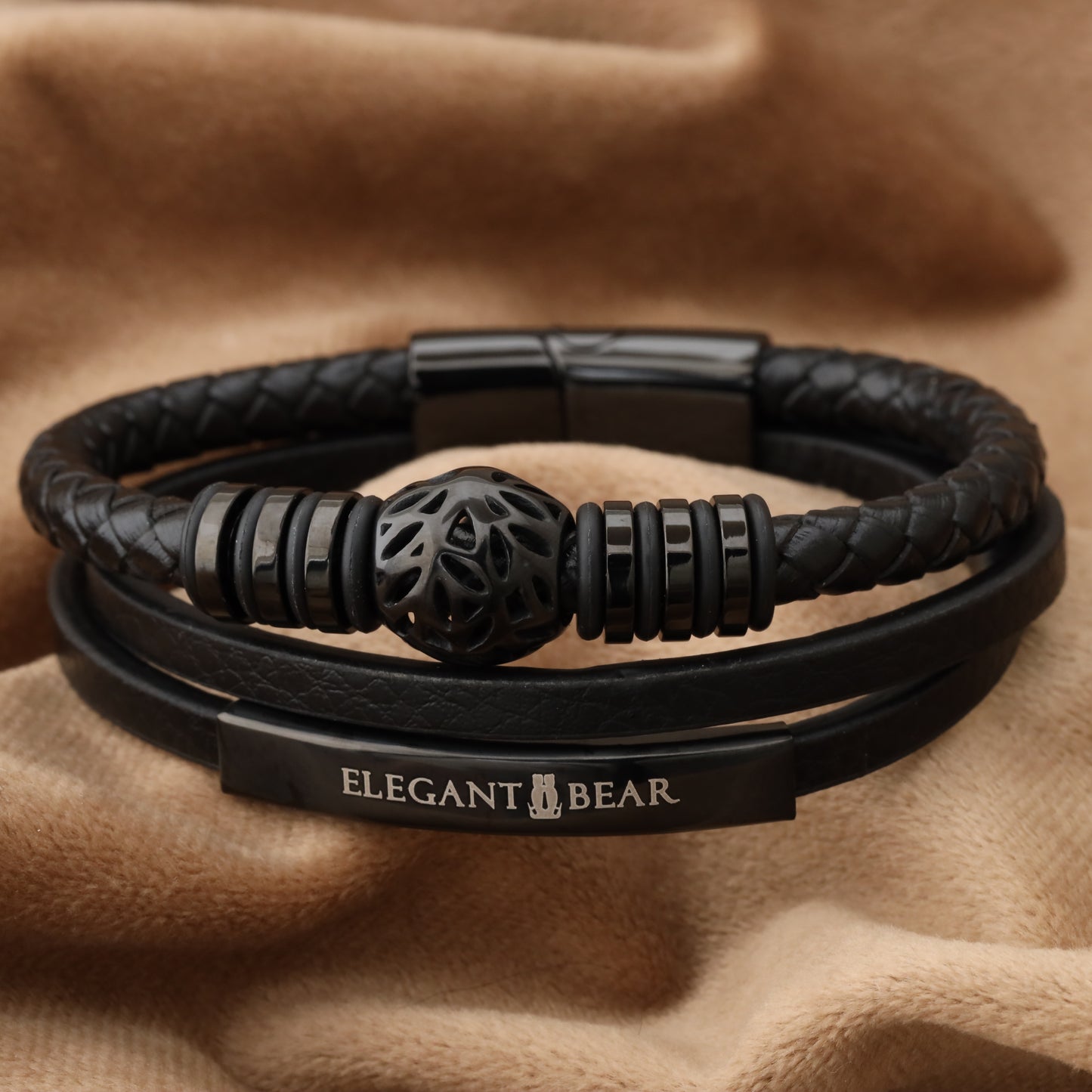 Autumn Ball Black Genuine Leather Black Stainless Steel Bracelet  L1222