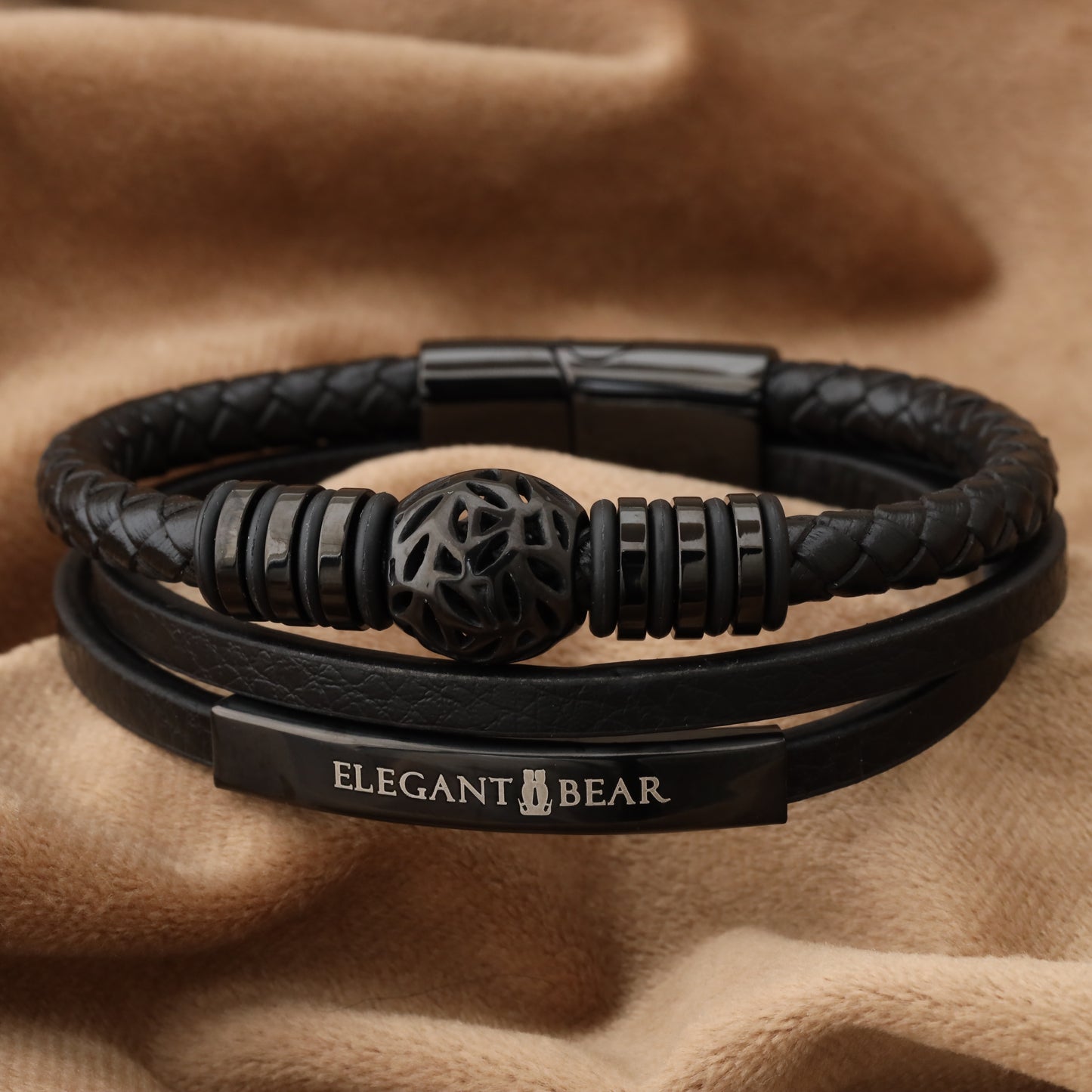 Autumn Ball Black Genuine Leather Black Stainless Steel Bracelet  L1222