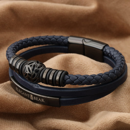 Autumn Ball Blue Genuine Leather Black Stainless Steel Bracelet L1221