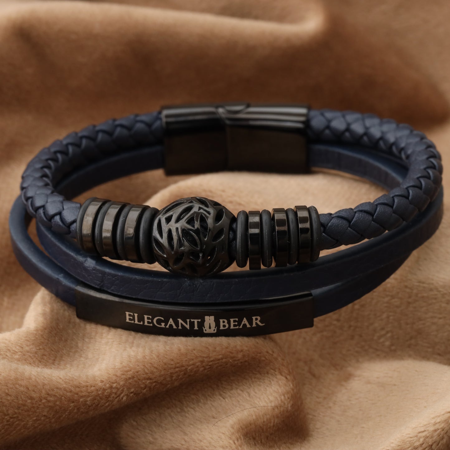 Autumn Ball Blue Genuine Leather Black Stainless Steel Bracelet L1221