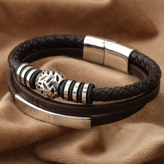 Autumn Ball Brown Genuine Leather Silver Stainless Steel Bracelet L1258