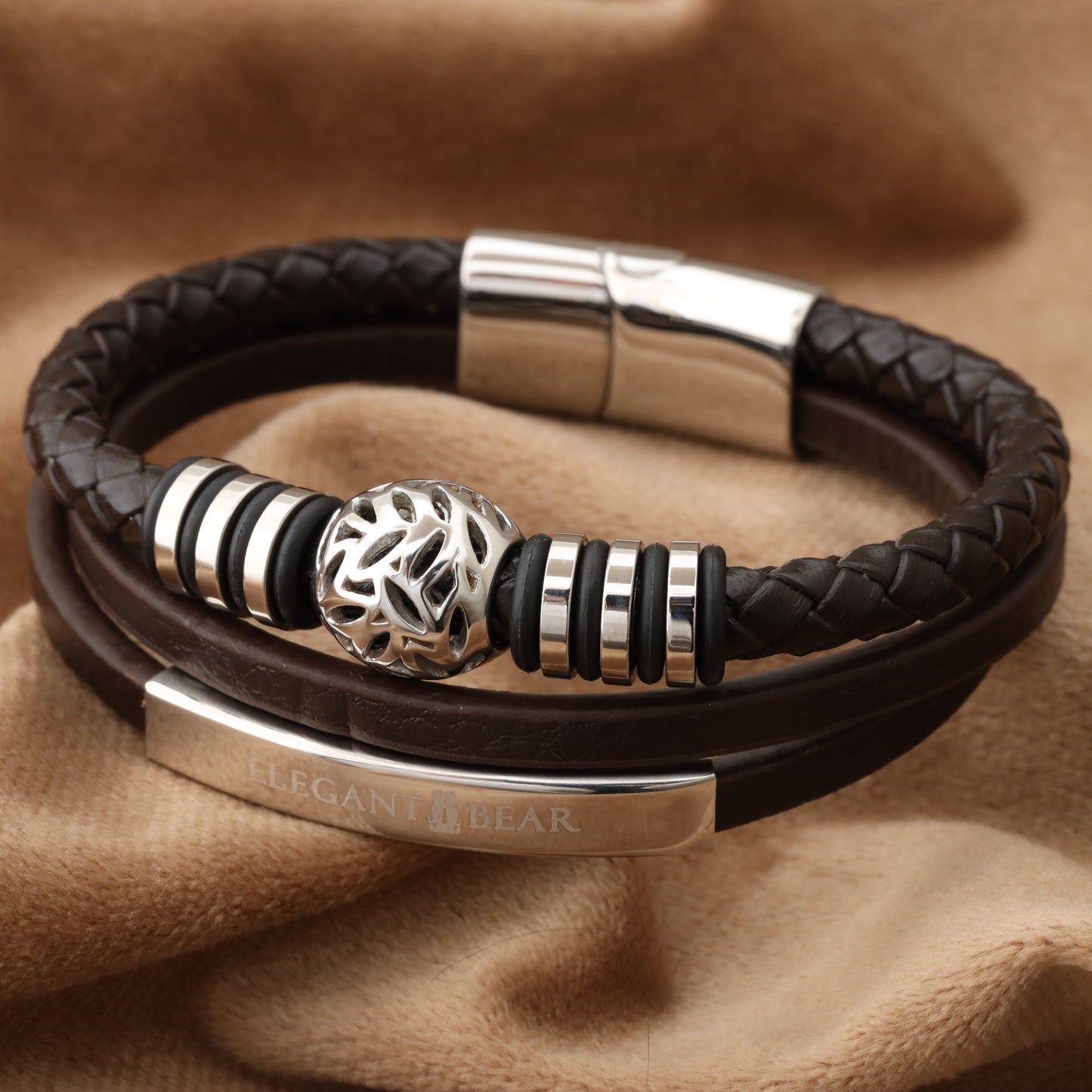 Autumn Ball Brown Genuine Leather Silver Stainless Steel Bracelet L1258