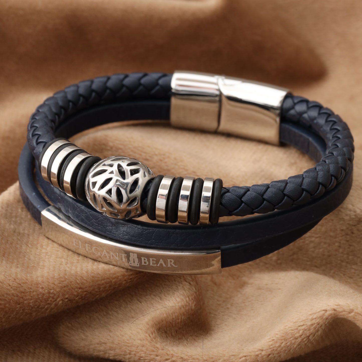 Autumn Ball Blue Genuine Leather Silver Stainless Steel Bracelet L1257