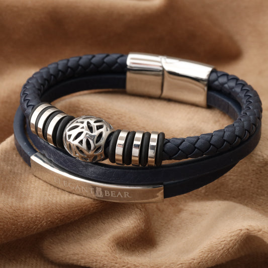 Autumn Ball Blue Genuine Leather Silver Stainless Steel Bracelet L1257