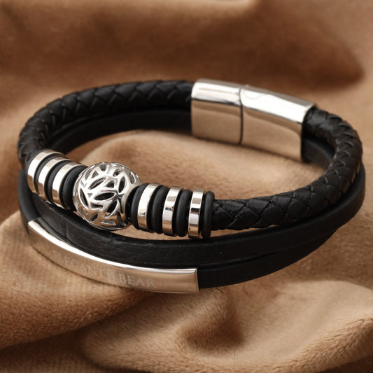 Autumn Ball Black Genuine Leather Silver Stainless Steel Bracelet L1259