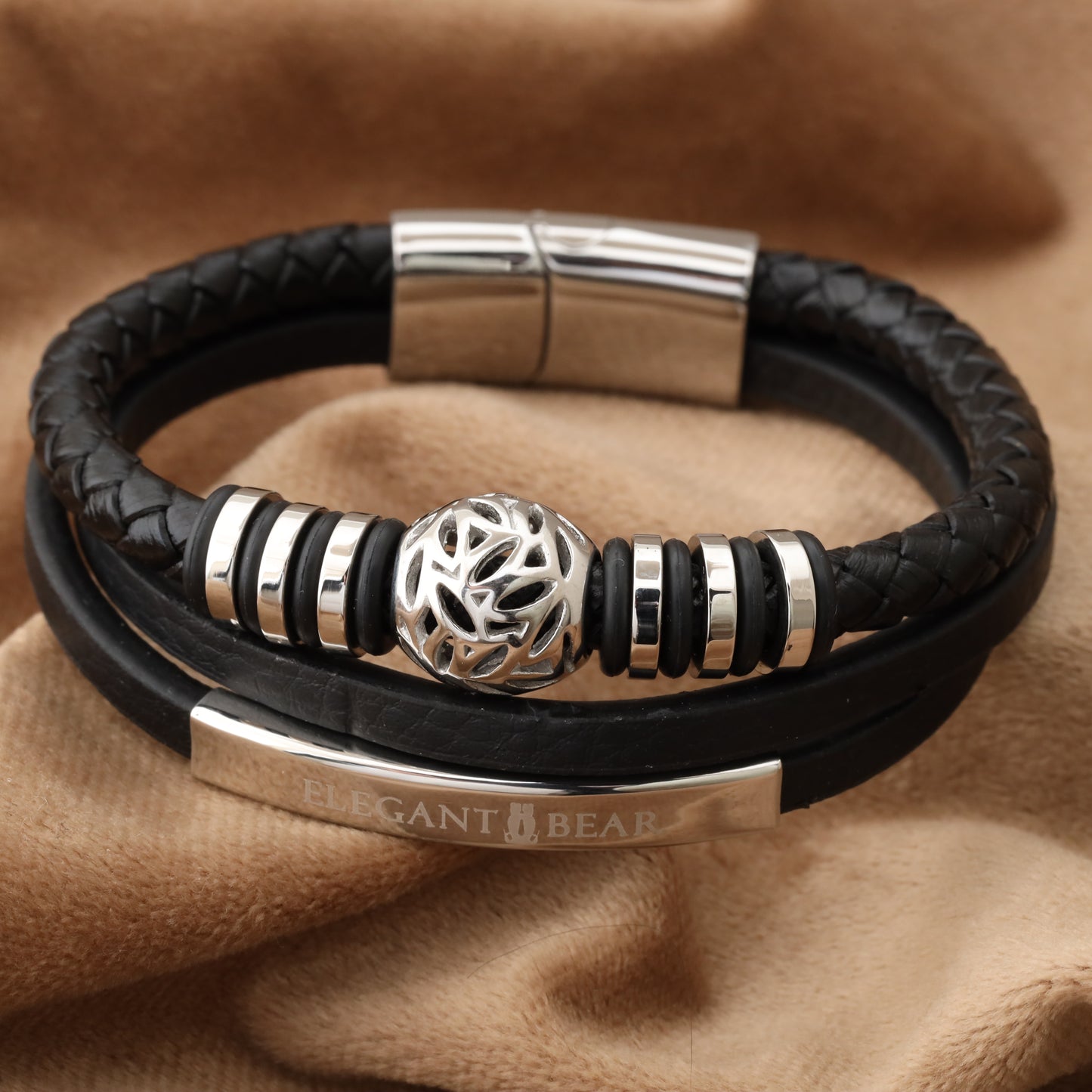 Autumn Ball Black Genuine Leather Silver Stainless Steel Bracelet L1259